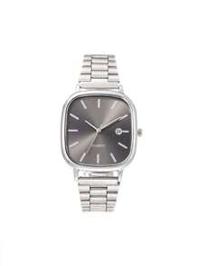 1 件复古简约时尚银色方形表盘日历手表，不锈钢表带，高端感觉，周年纪念礼物，年终促销，光棍节，万圣节促销等。