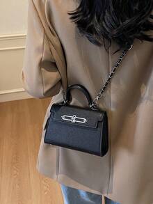 高级简约风格纯色女士手提包，时尚简约可调节肩带斜挎包，优雅五金锁扣单肩托特包，锁扣多功能轻便斜挎包 - 黑色 - 查看 5