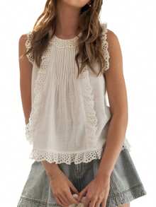 Womens Lace Trim Tank Tops  Sleeveless Round Neck Solid Color Tops Loose Fit Shirts - White - View 6