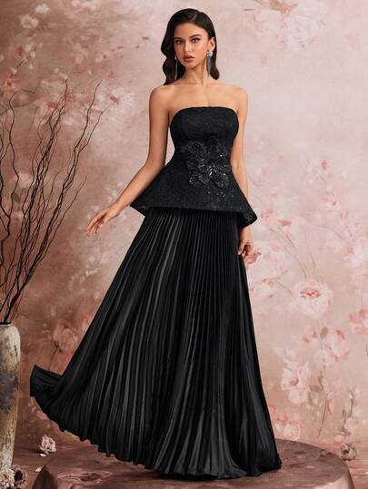  BluePlum 别致蕾丝喇叭形无袖鸡尾酒抹胸连衣裙晚装优雅花朵褶皱皇家端庄舞会礼服长礼服奢华精致正式特殊场合礼服女式婚礼宾客派对复古生日新年黑色