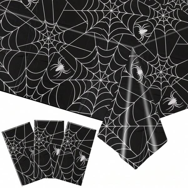1 pièce/2 pièces Nappe d'Halloween 108 X 54 pouces Grande nappe de table d'Halloween Rectangle Nappe en plastique jetable à toile d'araignée - Couverture de table d'Halloween pour décorations Noir