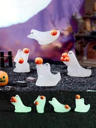 4 piezas de Fantasmas luminosos y alegres abrazando calabazas, decoraciones creativas de fiesta de Halloween con fantasmas blancos