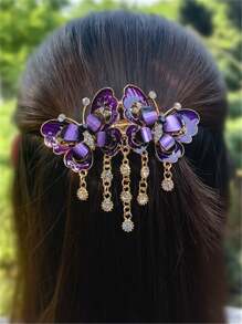 1pc Multi-Color Women's Rhinestone Fashionable Double Butterfly Spring Clip Fixed Ponytail Decoration Headwear Can Be Given As A Gift, Claw Clips, Hair Claws, Clips For Hair, Hair Slide, Hair Barrettes - Purple - View 2