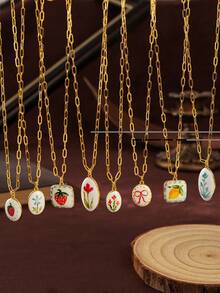 1 件时尚精致植物系列柠檬草莓蝴蝶结花朵吊坠项链，镀 18k 金，不易氧化，适合妻子和母亲佩戴，可轻松搭配女孩的日常服装装饰、海滩度假派对、音乐节。女士珠宝 - 彩色 - 查看 4