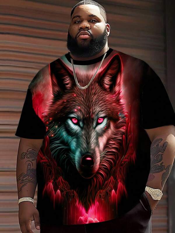 男士大码逼真狼头图案 T 恤，时尚大码蓝色灯光效果 T 恤，透气短袖