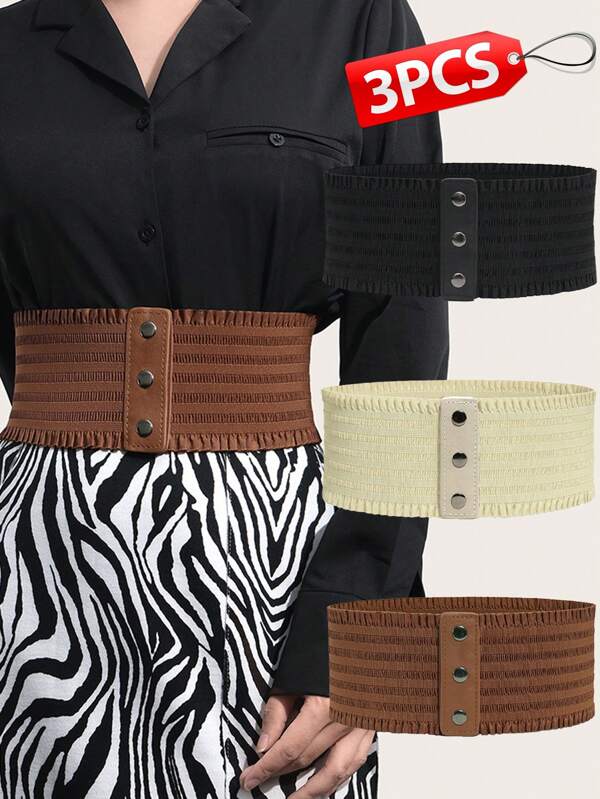 3 piezas Cinturón elástico de cintura con volantes de moda sencilla bohemia para mujer, cinturón ancho elegante casual para vestido de mujer, cinturón decorativo retro para la cintura, accesorio de ajuste para vestido. Adecuado para salidas casuales, viajes diarios, fiestas de vacaciones y como regalo. Otoño, Halloween