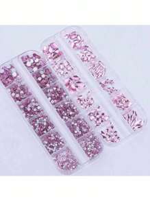 2 盒，24 格，浅粉色美甲水钻，12 格不对称 + 12 格圆形混合尺寸美甲钻美甲宝石适用于手机家居和沙龙，闪亮 DIY Y2K 美甲装饰美甲用品宝石指甲美甲饰品