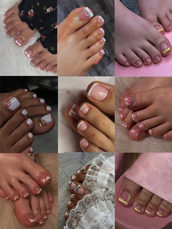 9 Boxes Of 216 Pieces Set Of Artificial Toenails, In Yellow, White And Pink Tones, Decorated With Artificial Diamonds, Simple And Elegant Styles, Suitable For Various Combinations, Making It An Exquisite Set Of Artificial Toenail Gifts For Girls And Women