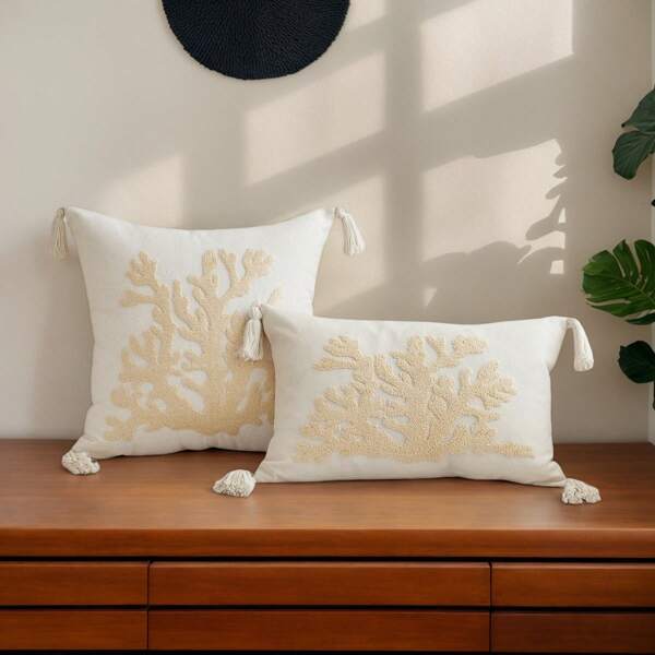 1pc Beige Coral Embroidery Cushion Cover - Linen Fabric With Tassels On Four Corners, Suitable For Modern Country Style Interior Decor, Sofa Throw Pillow Case/Cushion Cover, Daily Use & All-Season Decor, Insert Not Included