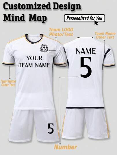 2pcs Customized Sportswear Soccer Jersey With Personalized Patterns,Logo,Name&Numbers, T-Shirt+Shorts,Suitable For Tween Boy School Training Spring/Summer