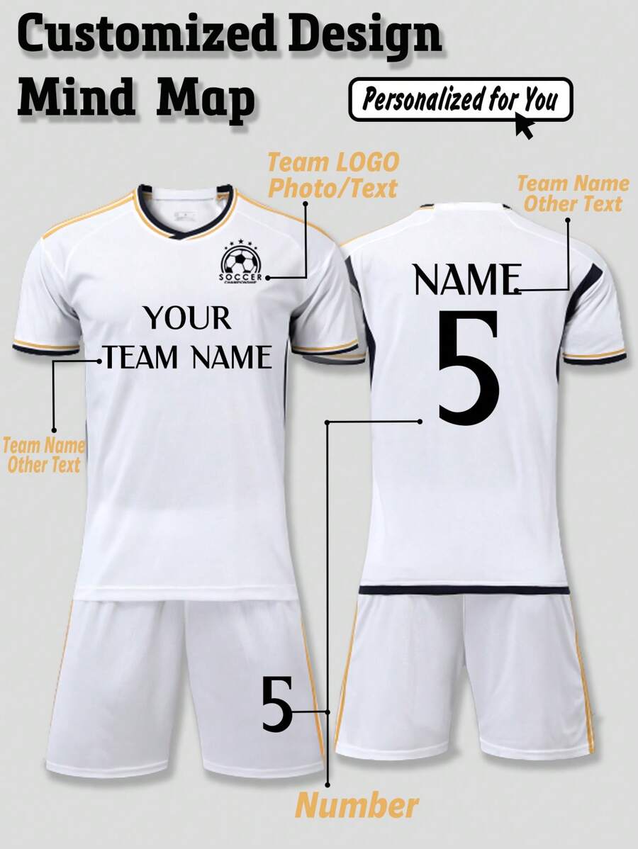 2pcs Customized Sportswear Soccer Jersey With Personalized Patterns,Logo,Name&Numbers, T-Shirt+Shorts,Suitable For Tween Boy School Training Spring/Summer - White - View 1