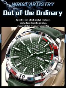 POEDAGAR 1件男士奢华防水夜光PU皮革石英腕表，男士运动日期星期显示腕表，休闲男士腕表，适合日常佩戴，男士礼物 - 均碼 - 查看 6