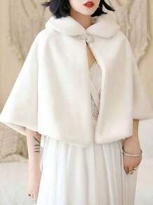 1 件简约百搭蓬松新娘披肩，时尚新款新娘婚礼披肩夹克，厚实保暖的外套配饰，冬季新娘礼物，女士温暖毛绒披肩秋装 - A - 查看 2