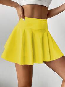 高腰白色網球裙褲，2合1防走光高爾夫/羽球/健身短褲裙，附口袋，新款女裝黃色 - 黃色 - 查看 5