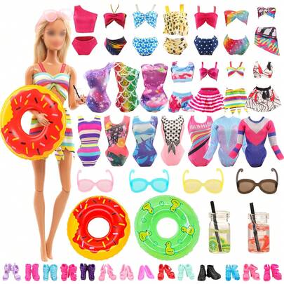 18pcs Summer Doll Clothes And Accessories Set Including 5 Swimsuits/Bikinis, 2 Swimming Rings, 2 Drinks, 4 Glasses, 5 Shoes For 11.5 Inch Girl Dolls, Great Gift