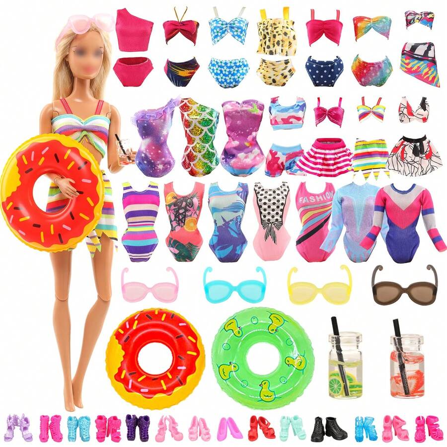 Bộ quần áo và phụ kiện mùa hè 18 món cho búp bê, bao gồm 5 bộ đồ bơi/bikini, 2 phao bơi, 2 bình nước, 4 ly, 5 đôi giày, phù hợp với búp bê bé gái cao 11,5 inch, món quà tuyệt vời. - Nhiều màu - Xem 1