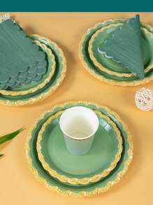 25 件/套绿色花瓣形金边一次性纸盘，绿色金边盘子、餐巾和杯子，适用于派对、生日、婚礼、家庭野餐 - 彩色 - 查看 5