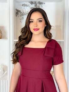 LivanModas Elegant Women's Viscose Dress With Sleeves And Bow Detail – Sophisticated Fashion - Màu Đỏ Sâu - Xem 5