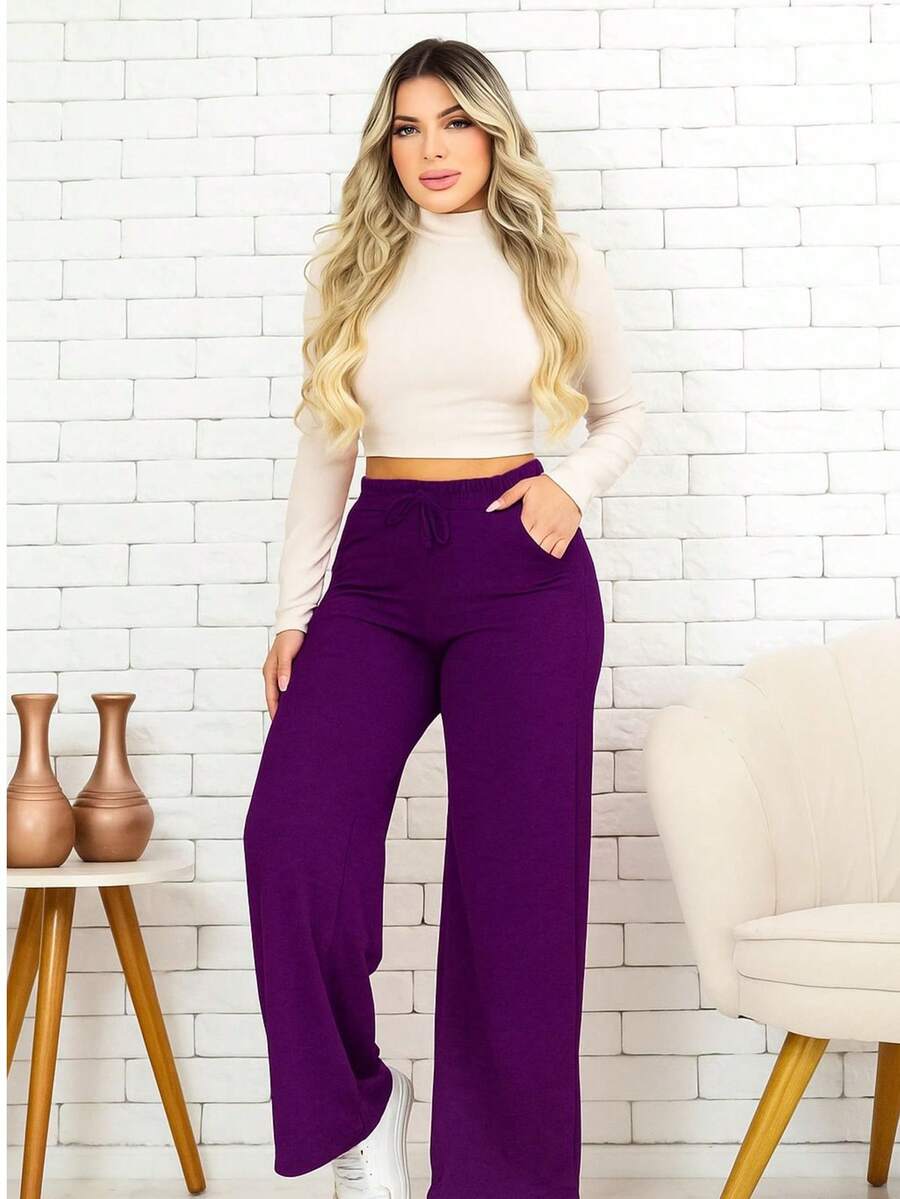Wide Leg Wide Leg Flare Hem Wide Leg Pantaloons - 紫色 - 查看 1