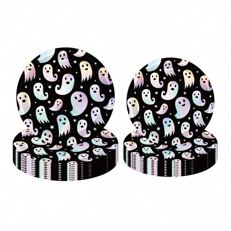 10pcs/20pcs/40pcs/50pcs/Set, Piring Pesta Sekali Pakai Halloween Pelangi Hitam, Piring Kertas Laser Hantu Perak, Piring Holografik Berubah Warna untuk Perlengkapan Dapur Horor, 9 Inci x 7 Inci - Tipe B Hitam - View 1