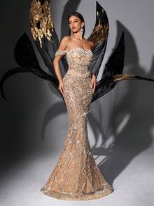 Đầm quây màu trơn đính sequin ngọc trai giả tuyệt đẹp, thích hợp cho tiệc tốt nghiệp, tiệc đính hôn và các dịp cưới hỏi khác. - Rượu sâm banh - Xem 5