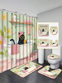 1/4pcs Vintage Cat Shower Curtain, Black Cat With Glasses & Pink Turban, Bathtub Reading Design, Retro Floral Polyester Bathroom Decor, 70.8x70.8 Inches With 12 Hooks, Washable And Line Dry