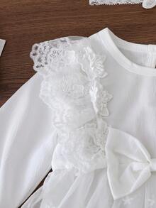 Spring & Autumn New Baby Girls' Outfit, Lace Bodysuit With Round Neck Long Sleeves, Bow & Ruffle Trim, Matching Lace Headband, Sweet & Elegant Style Suitable For Special Occasions Or Everyday Wear