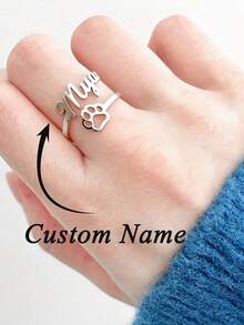 1pc Customized Name Ring, Personalized Cute Cat Paw Name Ring, Unisex, Stainless Steel Material, Adjustable Opening, Couple Gift, Customized Birthday Gift, Christmas Gift - Silver - View 2