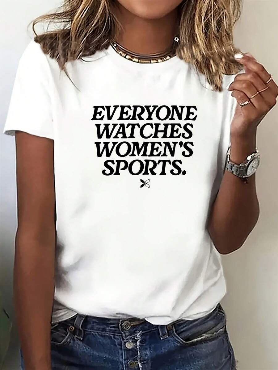 Empowering Women's Sports Tee - Print, Casual Round Neck, 100%, Medium Stretch, Short Sleeve - Ideal For All Seasons - White - View 1
