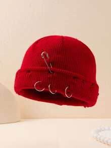 1pc Men's Solid Color Metal Ring Knit Beanie Hat, Minimalist Fashion Versatile Warm Knit Cap For Outdoor, Autumn/Winter Daily Wear Fall Outfit - A - View 9