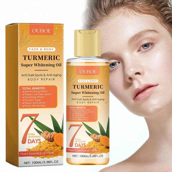 1 boîte 1 pièce (100 ml) Huile faciale éclaircissante au curcuma, nourrit la barrière cutanée, adoucit, raffermit, éclaircit, estompe les taches sombres