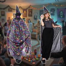 Set de 2 piezas de capa negra y sombrero puntiagudo con estampado de telaraña de colores, conjunto de disfraz de bruja para Halloween, con capa interior intercambiable, disfraz para fiesta de magia y cosplay