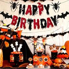 Banner Ulang Tahun Berkilau Merah Hitam - Dekorasi Pesta Ulang Tahun Bertema Kelelawar dan Laba-laba Halloween untuk Pesta Bertema Halloween - MultiWarna - View 3