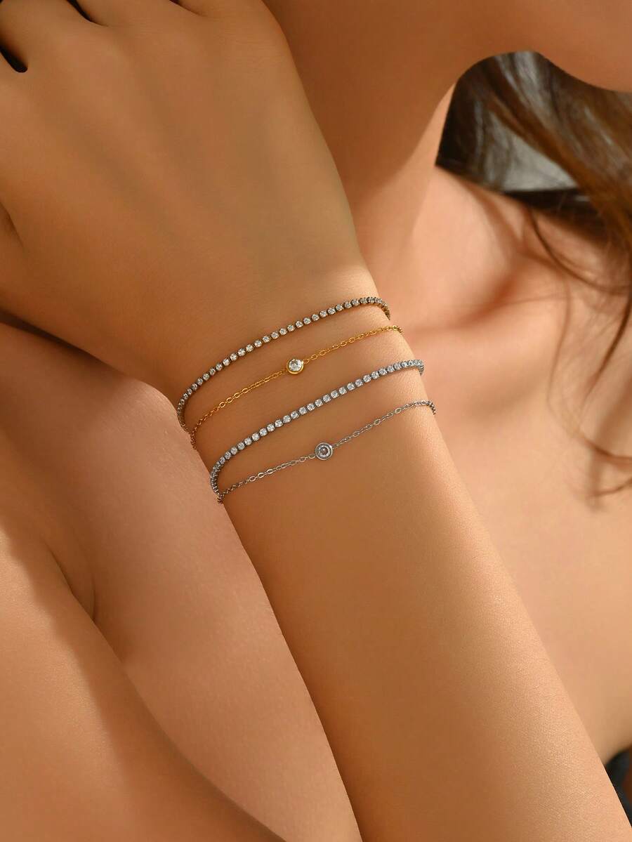 1pc/Pack Rhinestone Decorated Women Layered Thin Chain Bracelet, Fashion Versatile Jewelry Suitable For Various Occasions, Silver & Gold Color - Stacking - View 1