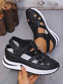 Women's Shoes, Fashionable Fastening Wedge Sneakers, Strapy Sandals, Trending Sandals Summer, Lightweight Breathable Shoes Women's Sneakers Daily Wear - 黑色 - 查看 8