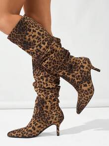 Fall/Winter 2025 Women's Fashionable Hot Selling Pointed Toe Pleated High Heel Suede & Leather Knee-High Slip On Boots, Black,Sexy,Kitten Heels,Party Outfits - Black Spot Color - View 3