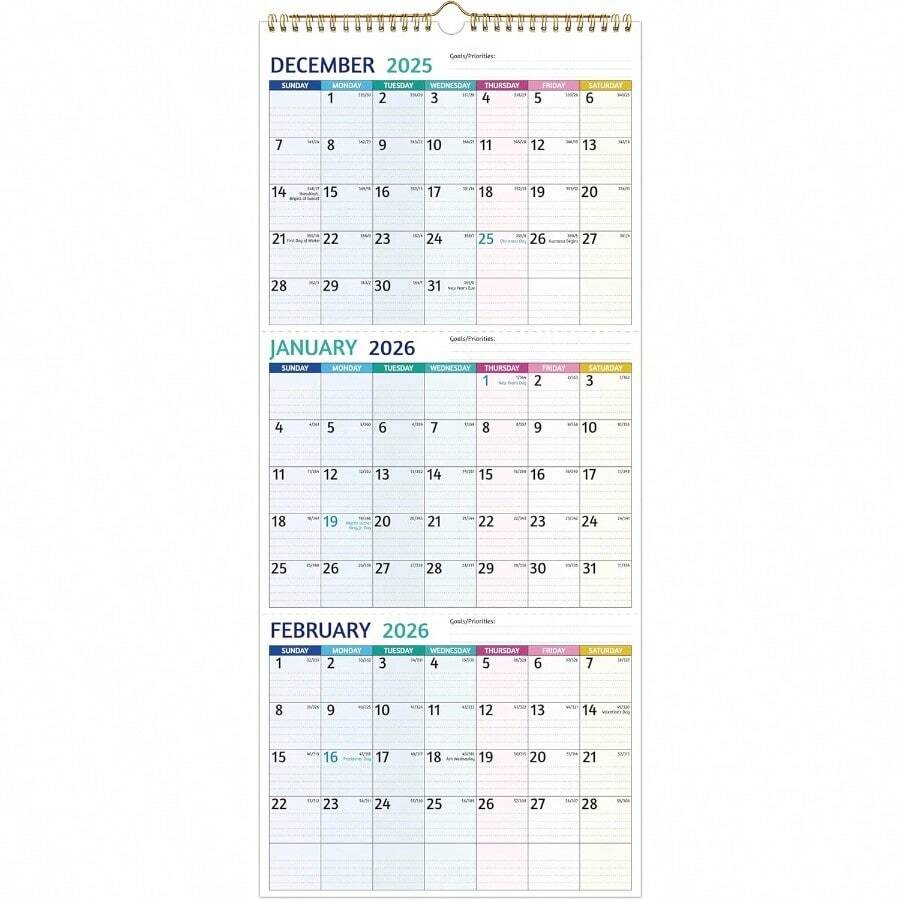 Calendario de pared 2026 de 3 meses, calendario vertical de enero a ...