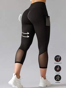 Calças femininas plus size para ioga, fitness, comprimento médio, com design de patchwork em malha e bolsos, adequadas para ioga, fitness e esportes - Preto - Ver 3