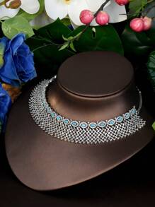 1 Set Vintage Cubic Zirconia Hollow Rhombus Turquoise Color Round Gemstone Jewelry Set, Suitable For Women To Wear On Vacation And Travel