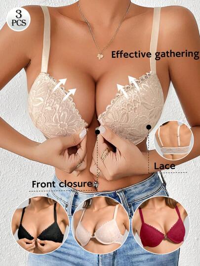 3pcs Front Closure Bras, Skin Color, Black, Red, Women's Comfortable Breathable Underwire Bras With Lift, Side Support And Adjustable Straps