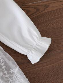 Spring & Autumn New Baby Girls' Outfit, Lace Bodysuit With Round Neck Long Sleeves, Bow & Ruffle Trim, Matching Lace Headband, Sweet & Elegant Style Suitable For Special Occasions Or Everyday Wear