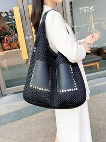 New Vintage Mesh Handbag Large Capacity Shoulder Bag Punk Rivet Hobo Bag Oversized Women Tote - Black - View 2