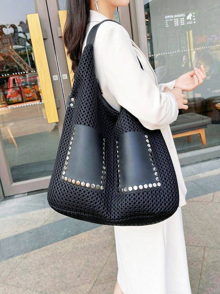 New Vintage Mesh Handbag Large Capacity Shoulder Bag Punk Rivet Hobo Bag Oversized Women Tote