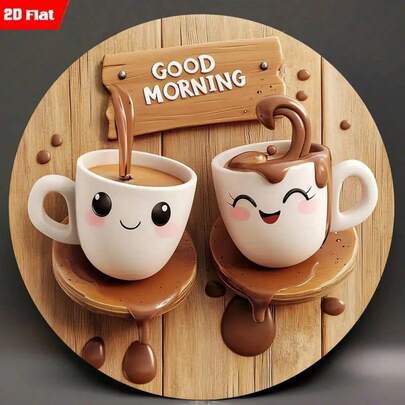 2D Flat, 2D Flat Home Decor, 1pc Vintage Style Wall Decor, 8x8 Inch Round Faux Wood Sign - Morning Tea Theme With Smiling Cup And "Good Morning" Design, Suitable For Home, Kitchen, Office, Holiday Gift, Cafe Decor, Room Decor, Perfect Gift, Random Hole Position