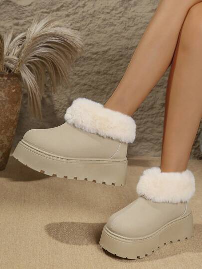 Winter Beige Faux Thermal Lined Snow Boots For Women, Fashionable Versatile Warm Ankle Boots