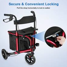 WALK MATE 3 Wheel 8" Wheels Rollator Walker Aluminum , Foldable Lightweight With Seat Backrest Pouch - Red - View 4