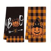 Un set de 2 toallas con temas de Halloween con patrones impresos de fantasmas y gatos negros, decorados con cuadrículas, lavables a máquina, resistentes al calor, absorbentes y reutilizables. Es un regalo ideal para la decoración de la habitación, toallas de cocina y baño, decoración de fiestas y decoración del hogar.