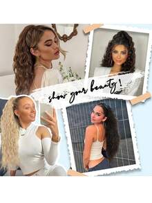 28 Inch Long Wavy Curly Ponytail Clip-In Hair Extensions, Multi-Layer Heat Resistant Synthetic Fiber, Wavy Curly Heat Resistant Fiber Wig, Unisex, Easy To Wear, Black Brown Long Extensions, Suitable For Party And Daily Styling, Suitable For All Skin Tones, Basic Style, High Temperature Fiber, Natural Appearance