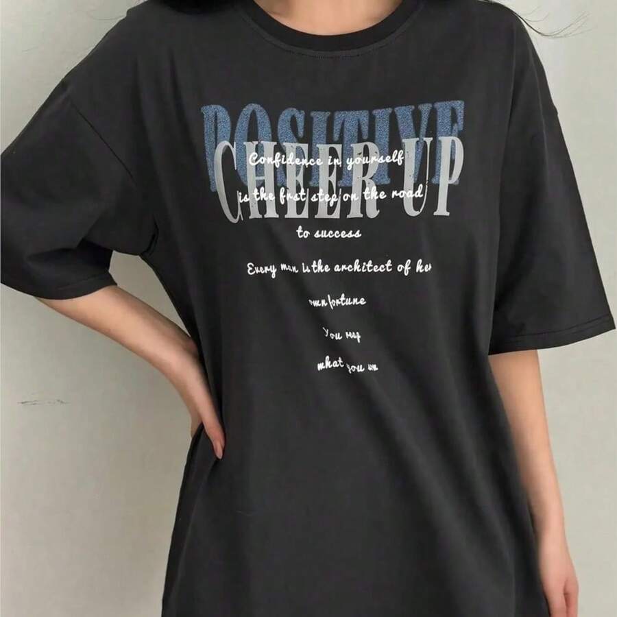 Cheer Up Letter Print Women T Shirt Summer O Neck T Shirts Basic All Match Short Sleeve Breathable Comfortable Casual Clothing - Black - View 1