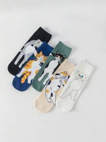 5 Paar Damen süße Katzen-Großaugen-Muster Socken, modisch, lustig, weich, bequem, atmungsaktiv, elastisch, geeignet für Lässig, Sport und Alltag, ganzjährig